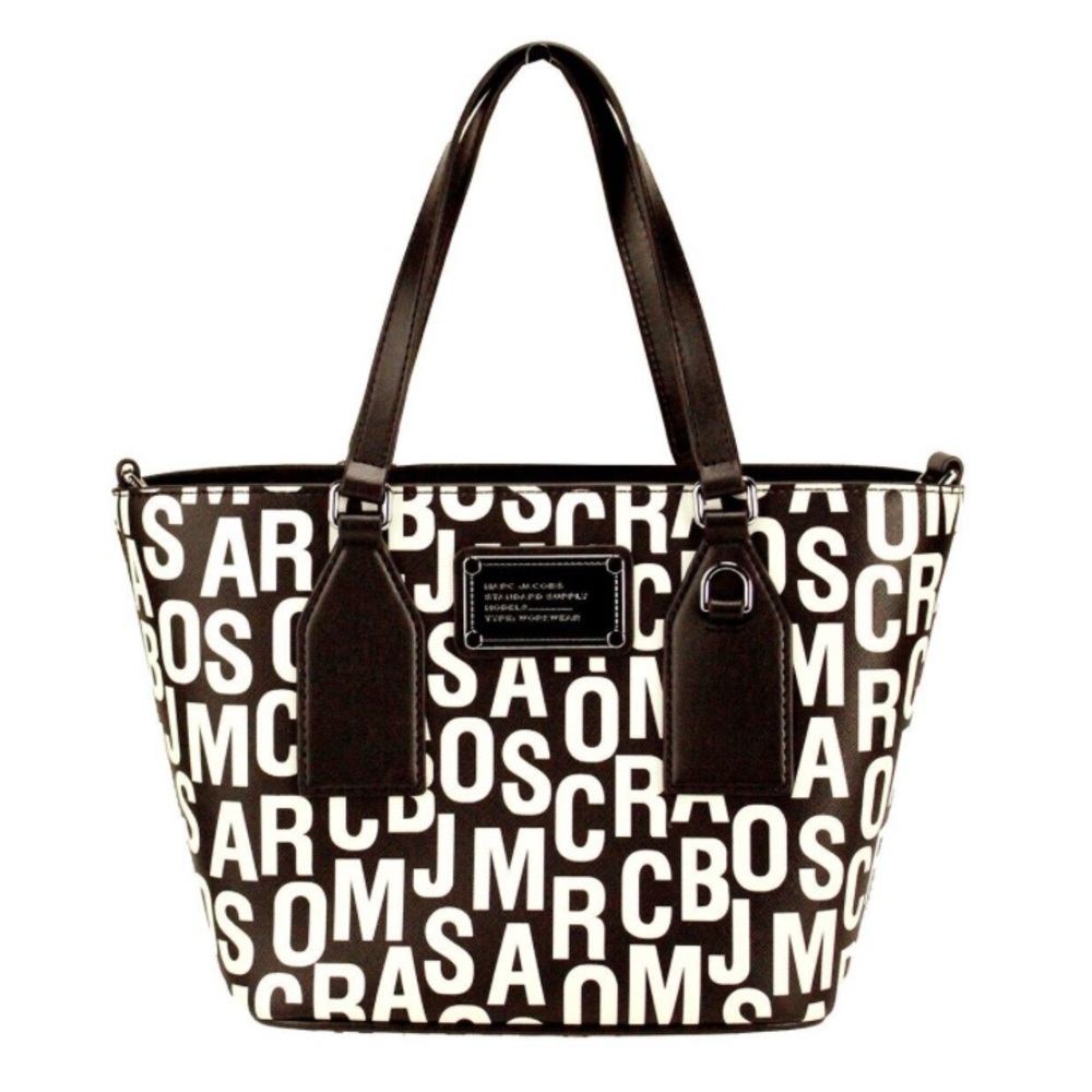 Marc Jacobs Small Black White Monogram Print Saffiano Leather Tote Crossbody Bag